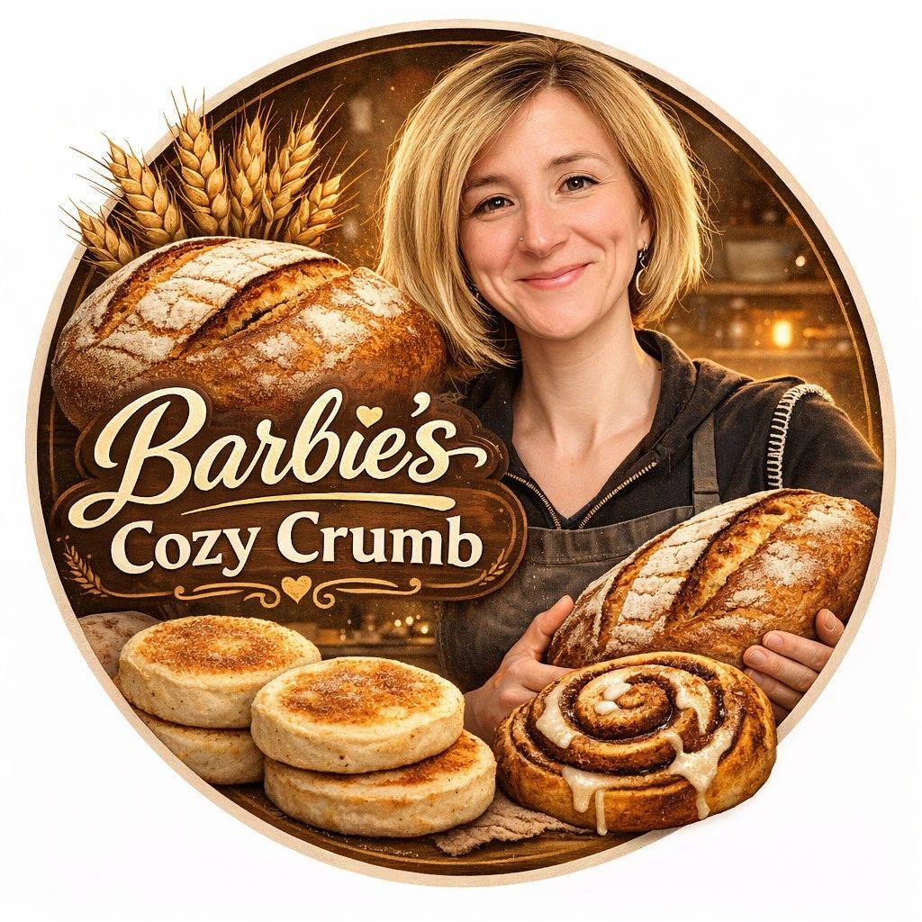 Barbie’s Cozy Crumb Bakery bakery portrait with artisan bread, English muffins and a cinnamon roll