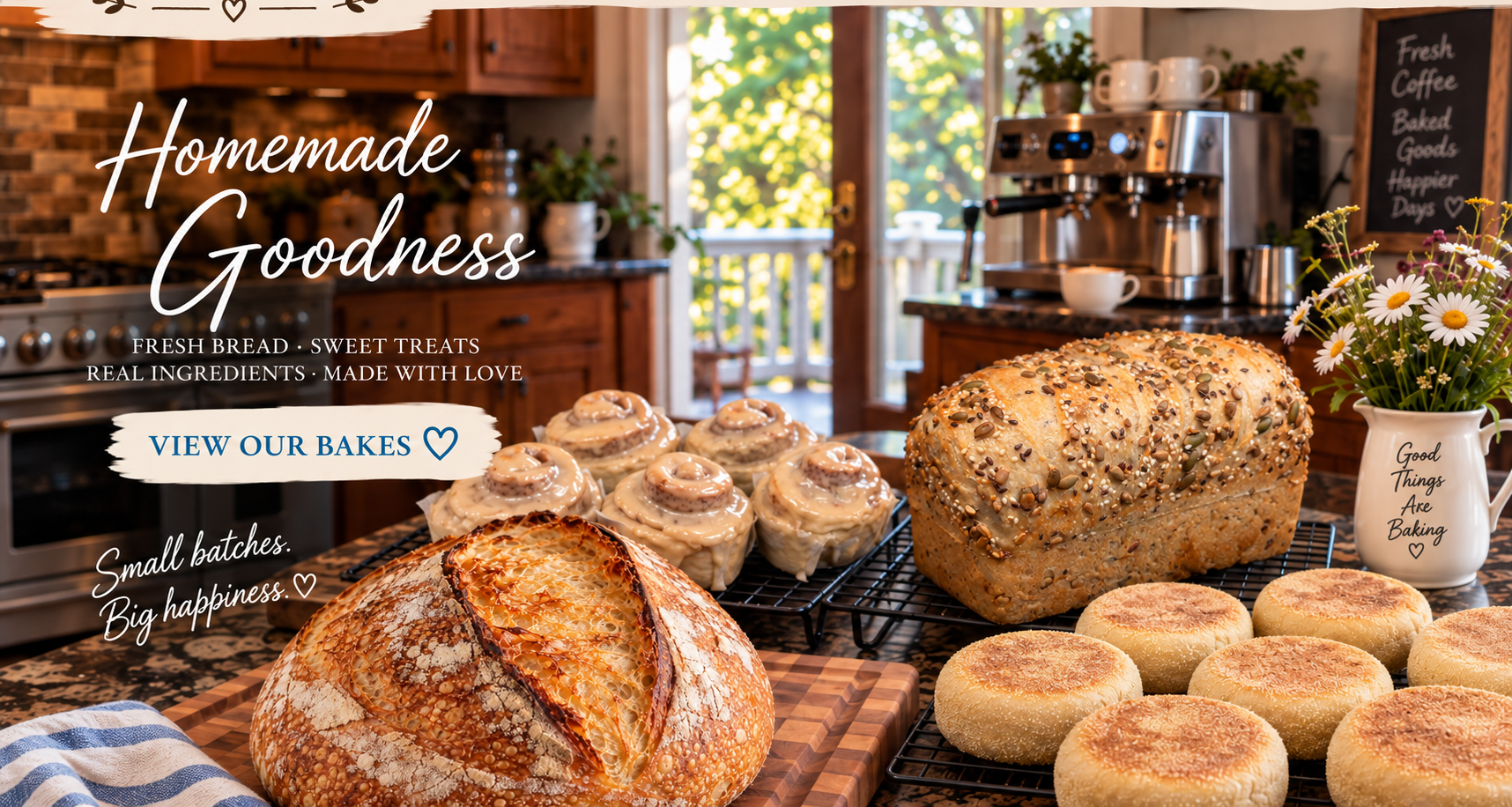 Artisan bread, seeded sandwich bread, cinnamon rolls and English muffins in the cozy bakery kitchen